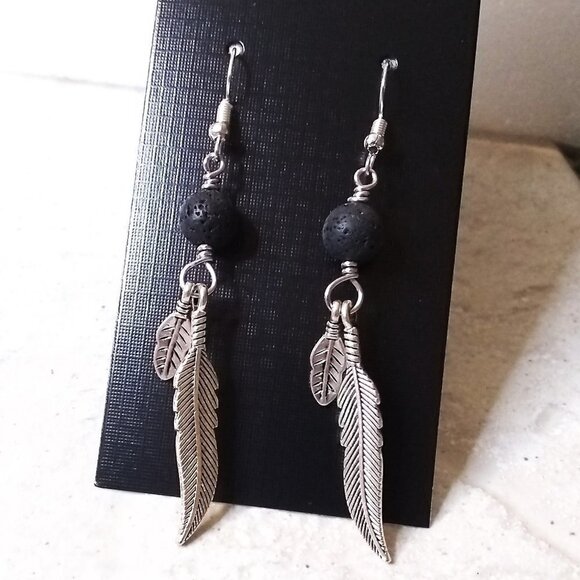 Goth Punk Biker Babe! Extra Long Black Lava Stone + Feather Dangle Earrings - Picture 3 of 7